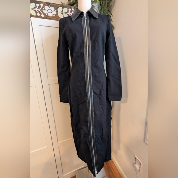 NWOT STAUD Alfred Faux Leather Accent Long Sleeve Midi Knit Dress Black medium m - Picture 1 of 5